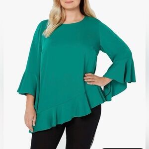 Women’s Plus Alfani Asymmetrical Ruffle Hem Blouse 3/4 Bell Sleeves Green 1X